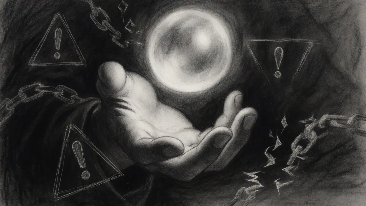 Hand reaching for a glowing orb surrounded by sketch-like warnings in charcoal