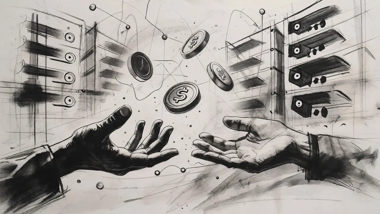 Hands reaching for floating tokens in a decentralized exchange setting.