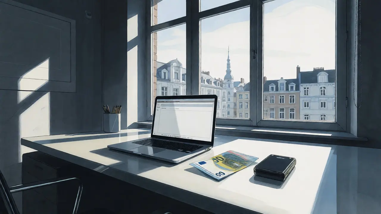 Minimalist desk with laptop and Euro banknote near a window.