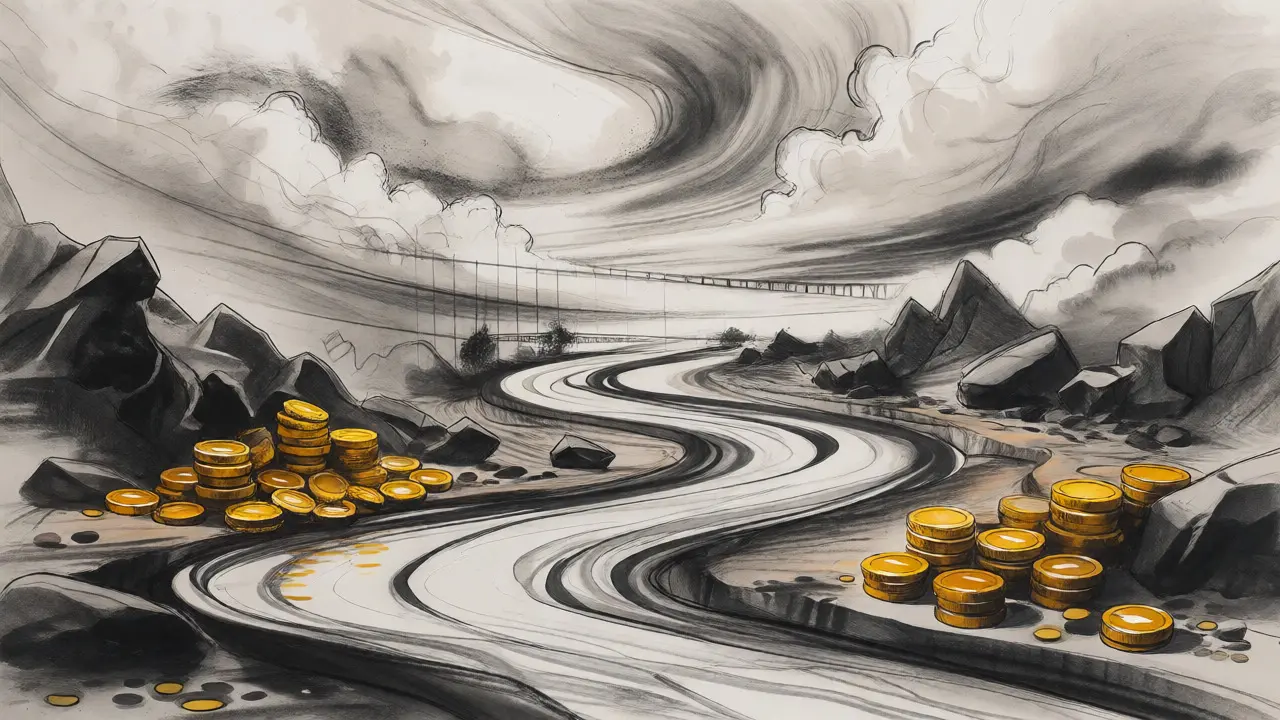 Serene charcoal landscape showing a smooth river and orderly token piles