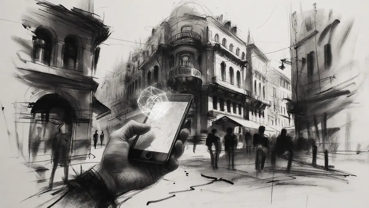 Sketch-style illustration of a phone projecting a digital coin over Istanbul.