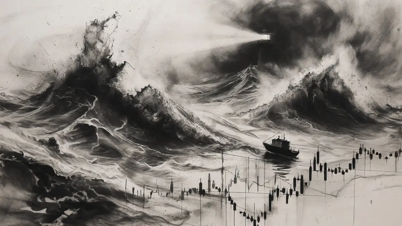 Small boat in a stormy charcoal sea representing volatile micro-cap markets.