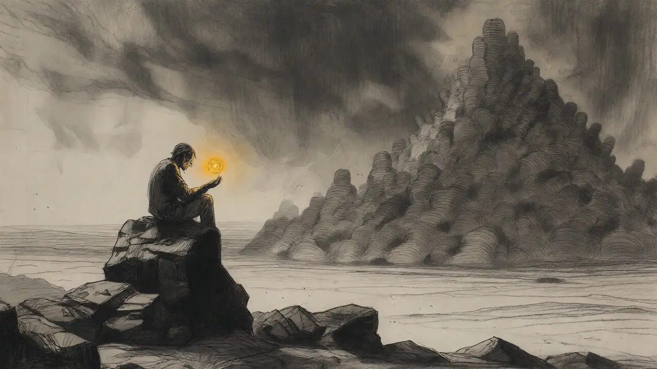 Solitary figure holding a dim golden orb before massive dark token piles.