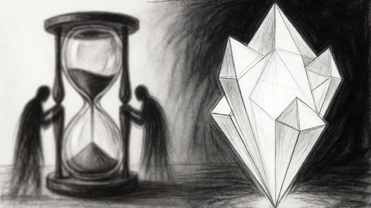 Split charcoal art comparing hourglass delays and geometric ZK proofs
