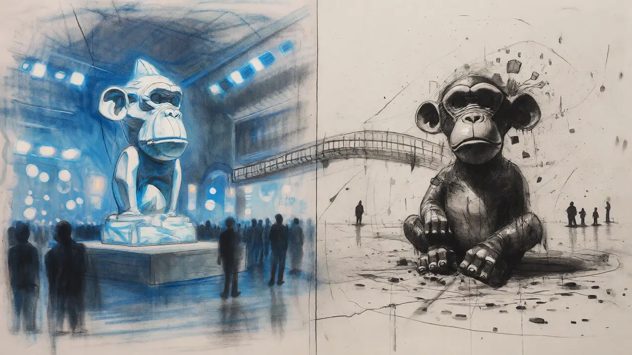 Split charcoal drawing contrasting a famous ape statue with an isolated, small ape figure.