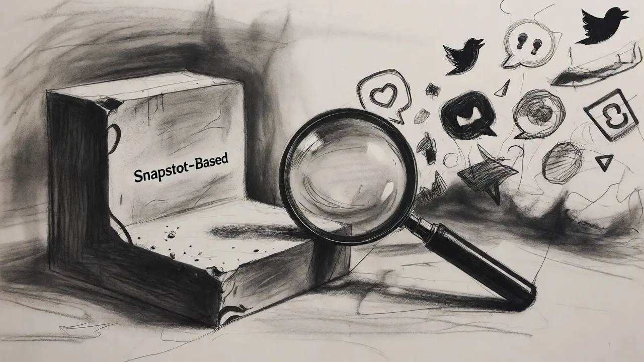 Surreal charcoal art contrasting stable blockchain blocks with chaotic social media tasks