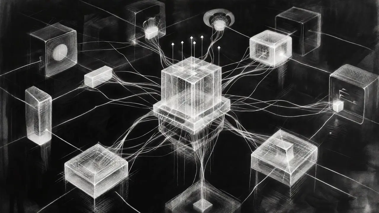 Artistic charcoal rendering of blockchain middleware connecting various system nodes.