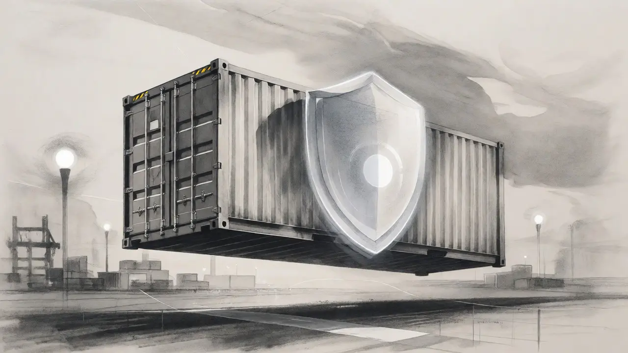 Charcoal drawing of a shipping container protected by a glowing digital shield.
